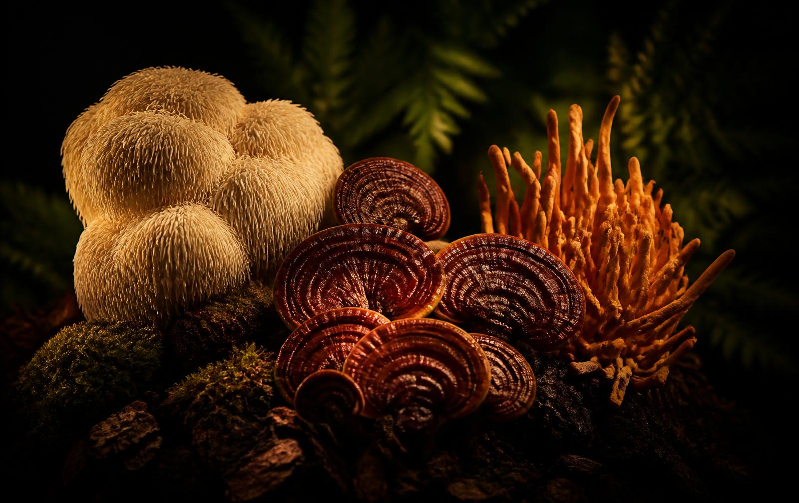 Cordyceps, Lion's Mane and Reishi mushrooms growing under cultivation lights